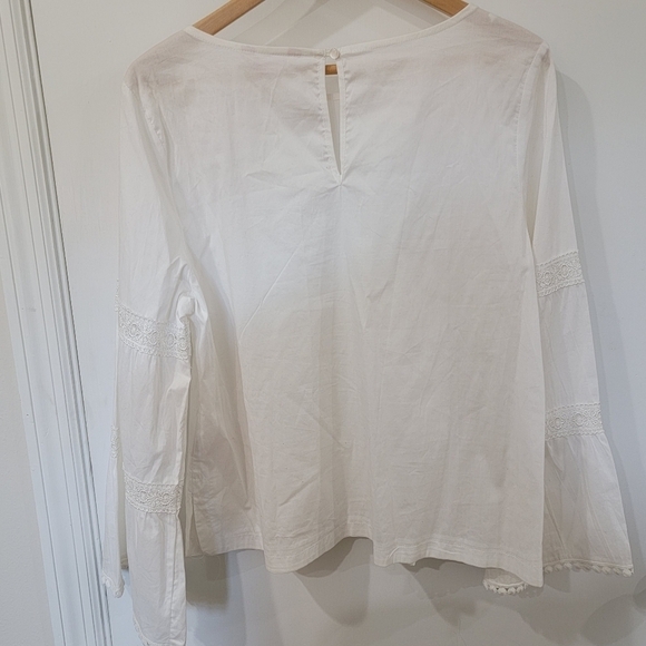 Nannette Lepore White Peasant Top Eyelette Lace Bell Sleeves Size Large - Picture 7 of 16